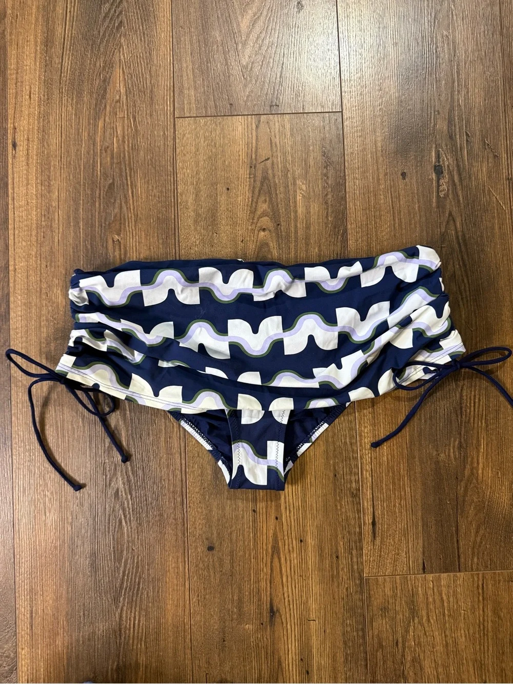 Tory Burch Women’s Ruched Side Tie Swim Bottoms Blue Print Size Large L/G